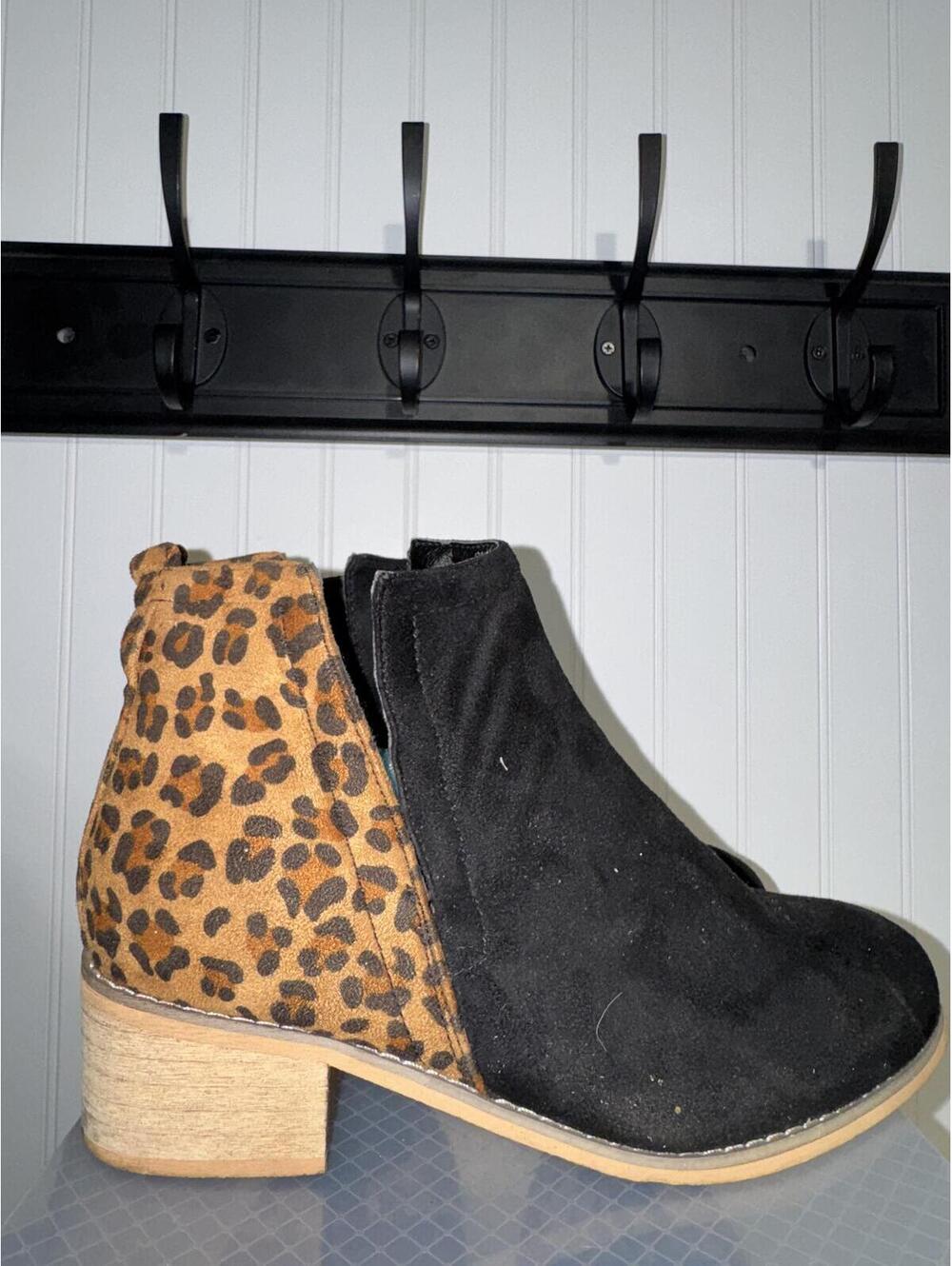 Boutique By Corkys Black and Leopard Print Ankle Boots with Block Heel